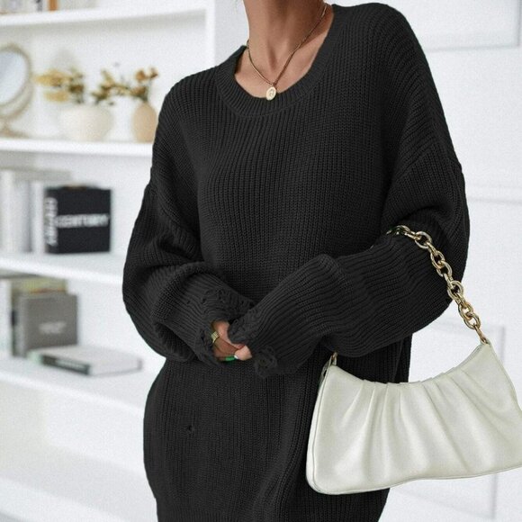 Black Preppy Womens Drop Shoulder Ripped Distressed Sweater Dress - Picture 3 of 5